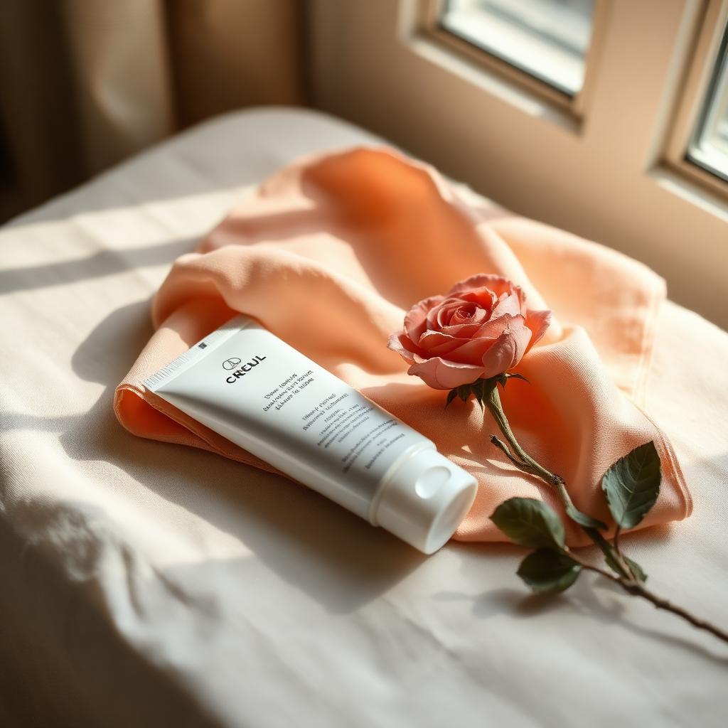 Small unbranded tube of cream on cream linen beside a single rose