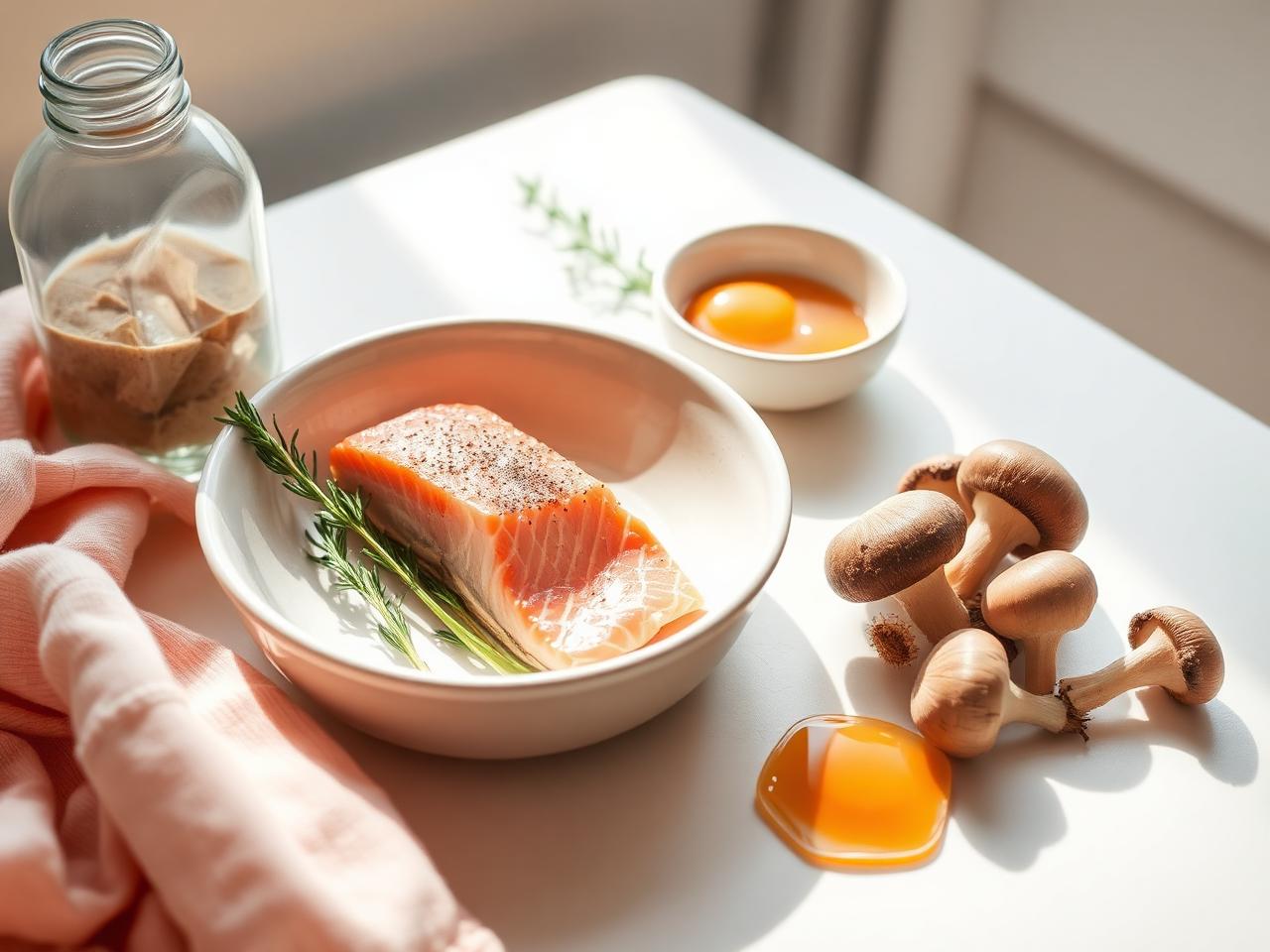 Salmon, eggs and mushrooms in winter light on a pale kitchen table