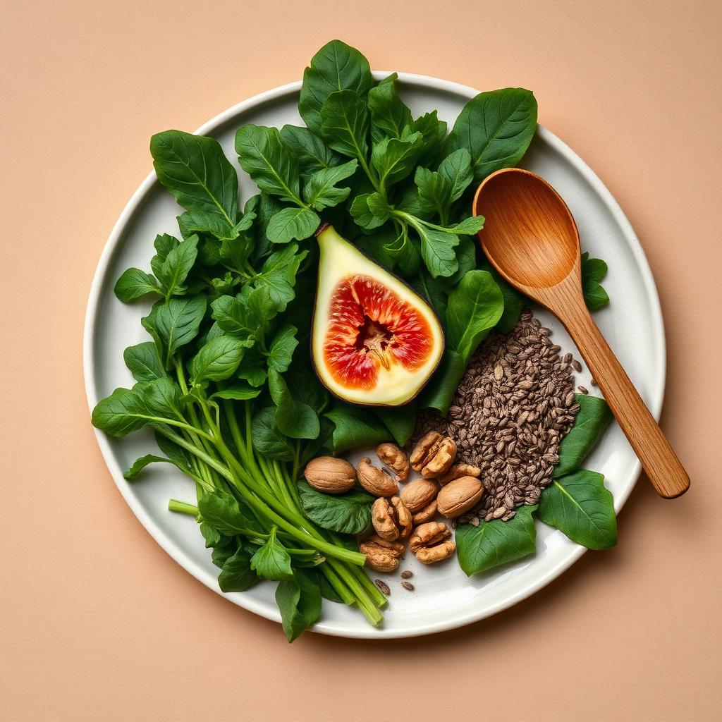 Overhead plate of leafy greens, halved fig, walnuts and seeds