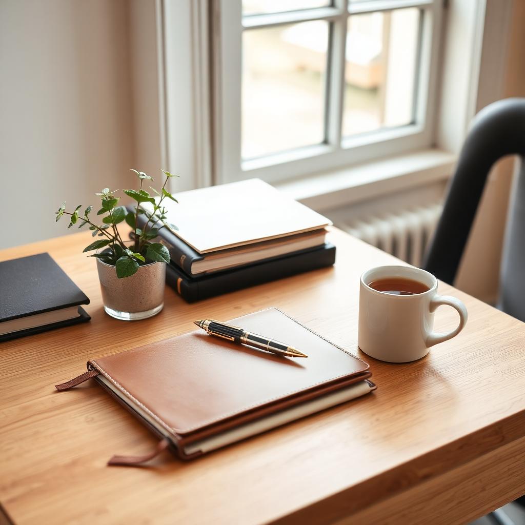 Leather notebook, pen, plant and mug of tea on a warm oak desk