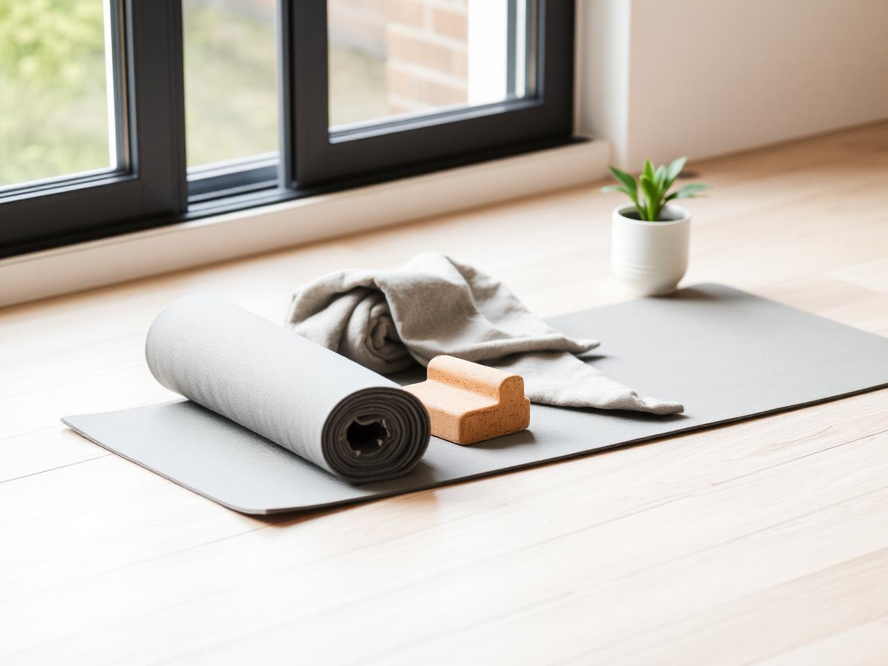 Rolled yoga mat, folded blanket, cork block and plant by a window