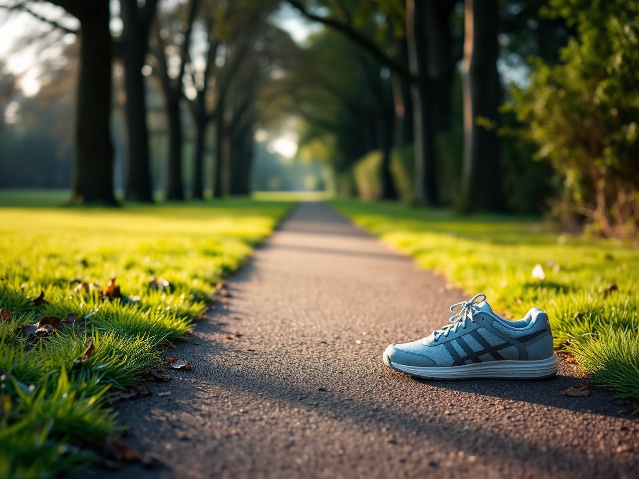 Walking shoe beside a quiet park path in soft morning light
